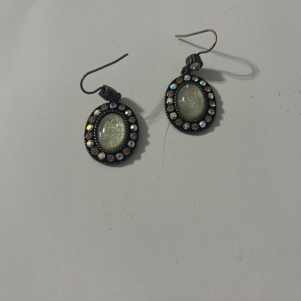 Avon Bronze-tone Simulated Green Opal Rhinestone Pierced Dangle Earrings